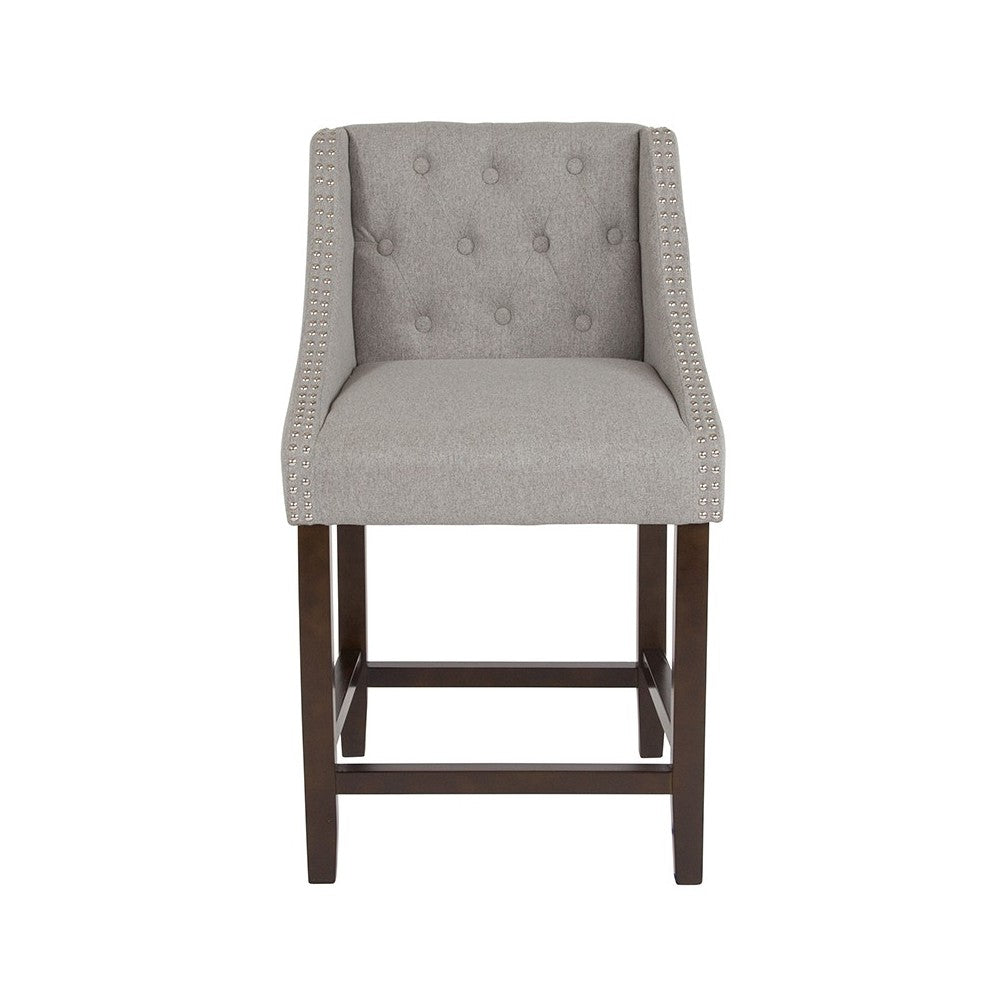 Carmel Series 24" High Transitional Tufted Walnut Counter Height Stool with Accent Nail Trim in Light Gray Fabric