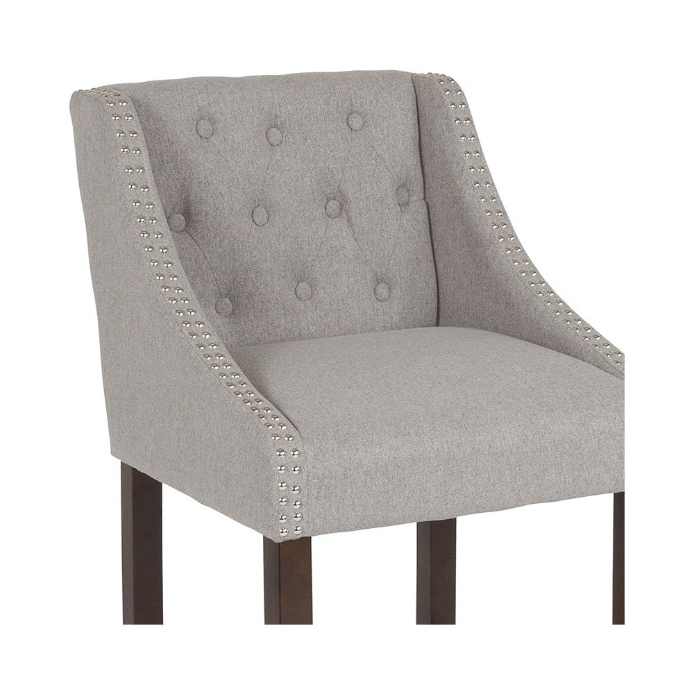 Carmel Series 24" High Transitional Tufted Walnut Counter Height Stool with Accent Nail Trim in Light Gray Fabric