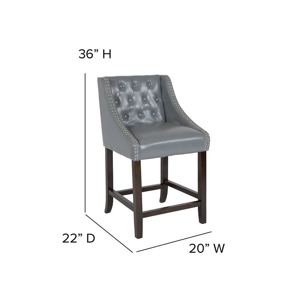 Carmel Series 24" High Transitional Tufted Walnut Counter Height Stool with Accent Nail Trim in Light Gray LeatherSoft