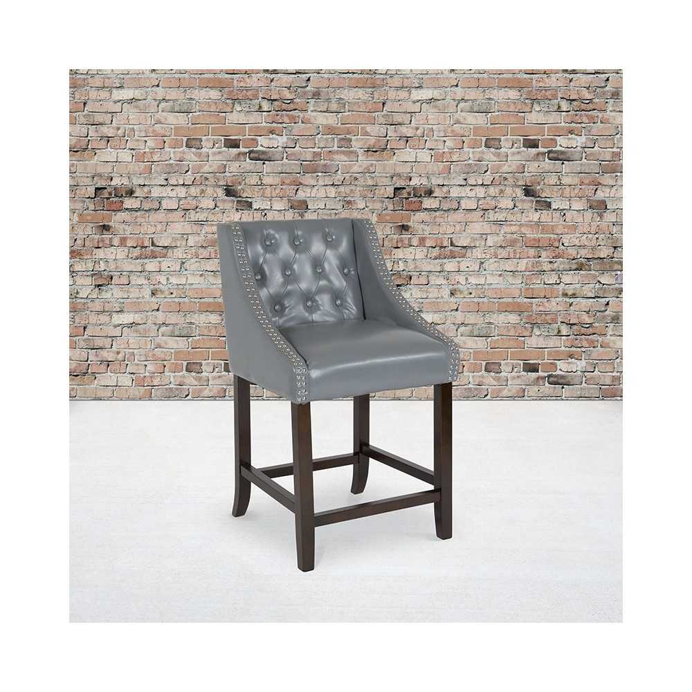 Carmel Series 24" High Transitional Tufted Walnut Counter Height Stool with Accent Nail Trim in Light Gray LeatherSoft