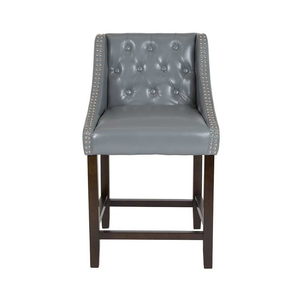 Carmel Series 24" High Transitional Tufted Walnut Counter Height Stool with Accent Nail Trim in Light Gray LeatherSoft