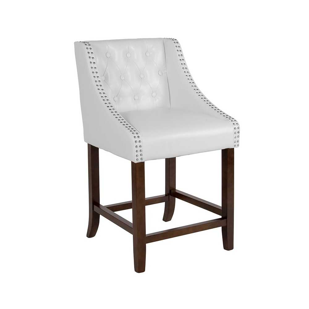 Carmel Series 24" High Transitional Tufted Walnut Counter Height Stool with Accent Nail Trim in White LeatherSoft