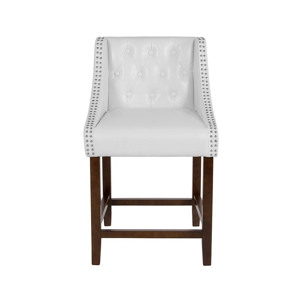 Carmel Series 24" High Transitional Tufted Walnut Counter Height Stool with Accent Nail Trim in White LeatherSoft