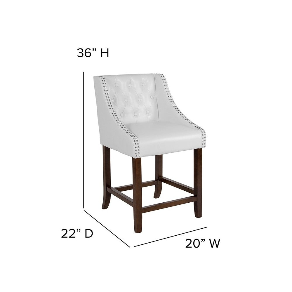 Carmel Series 24" High Transitional Tufted Walnut Counter Height Stool with Accent Nail Trim in White LeatherSoft