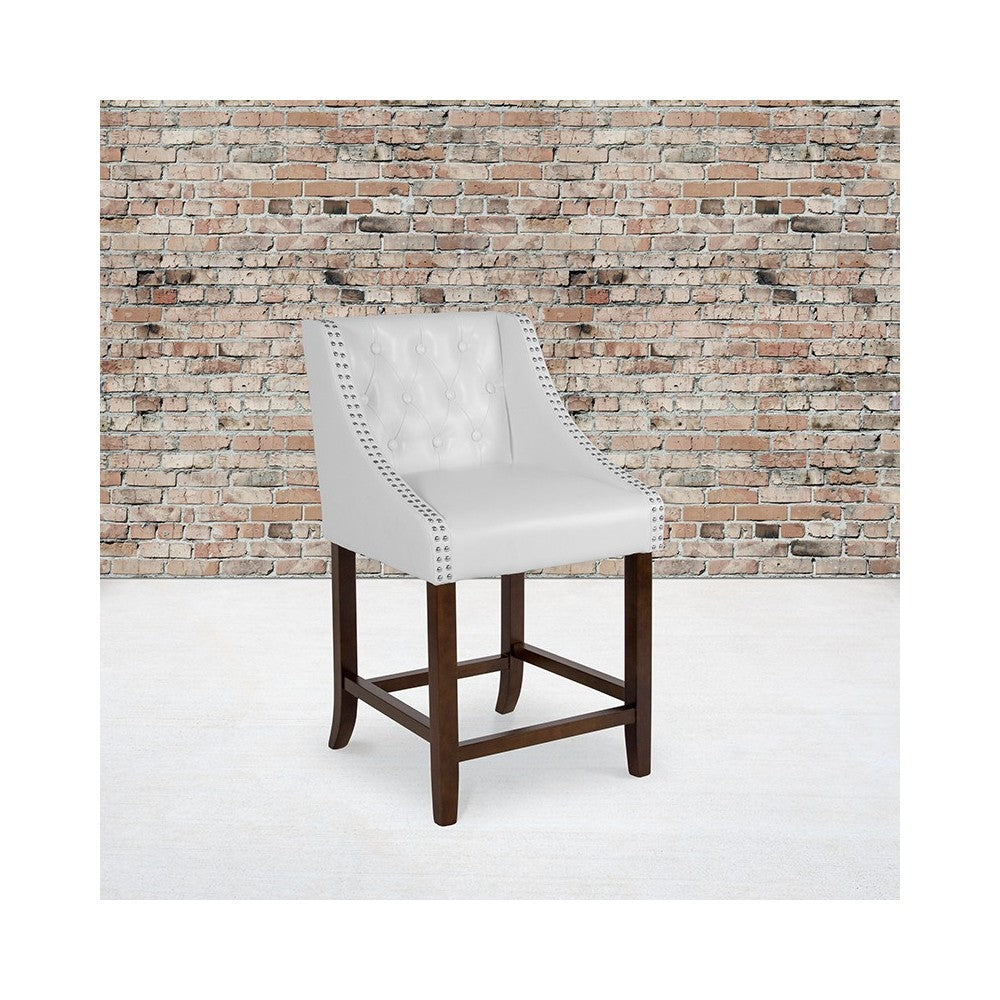 Carmel Series 24" High Transitional Tufted Walnut Counter Height Stool with Accent Nail Trim in White LeatherSoft