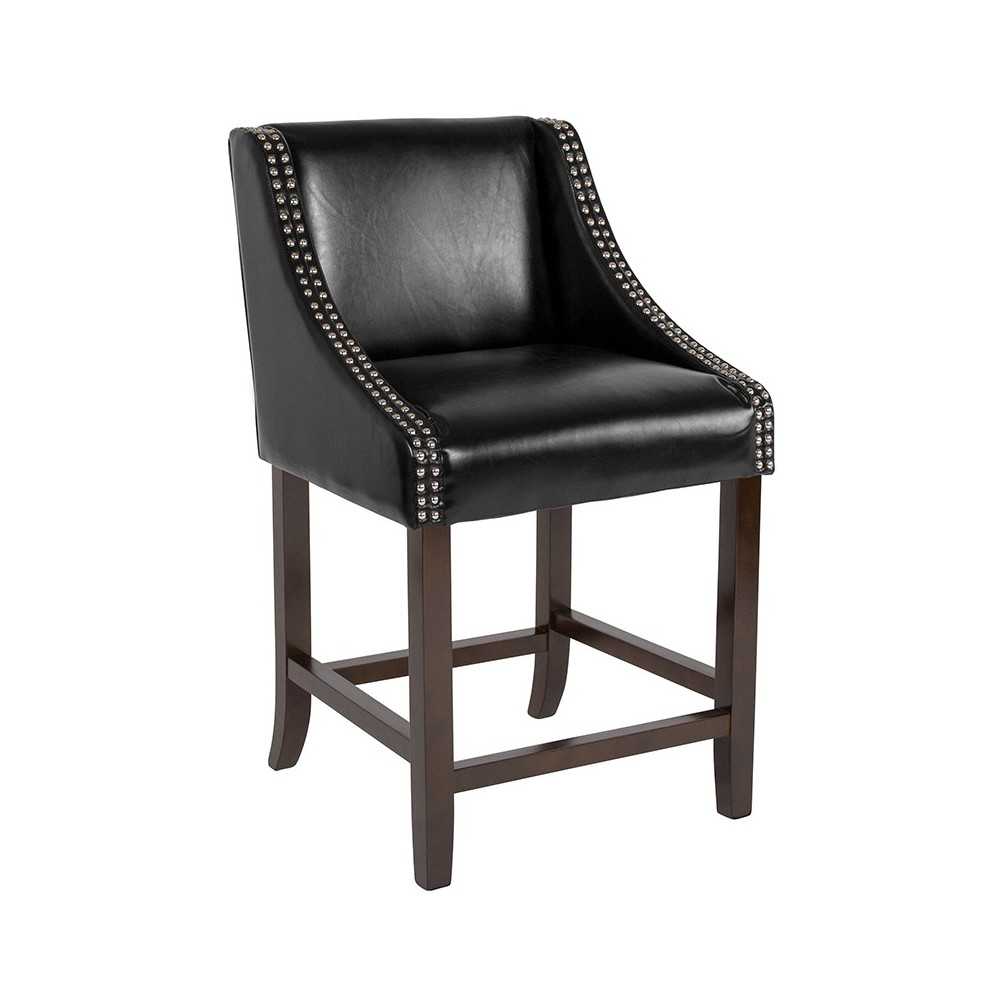 Carmel Series 24" High Transitional Walnut Counter Height Stool with Accent Nail Trim in Black LeatherSoft