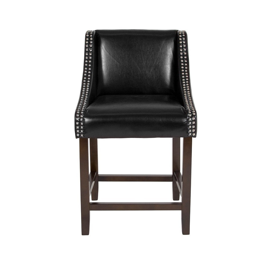 Carmel Series 24" High Transitional Walnut Counter Height Stool with Accent Nail Trim in Black LeatherSoft