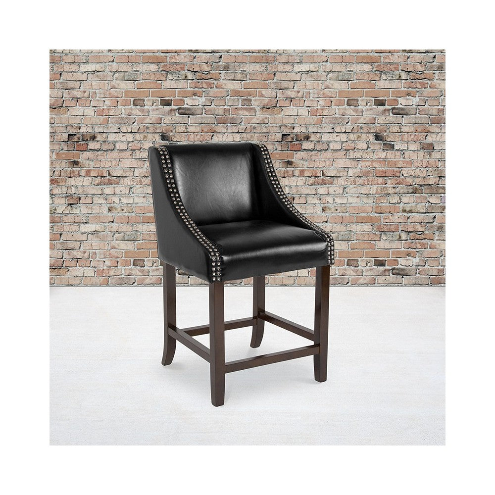 Carmel Series 24" High Transitional Walnut Counter Height Stool with Accent Nail Trim in Black LeatherSoft