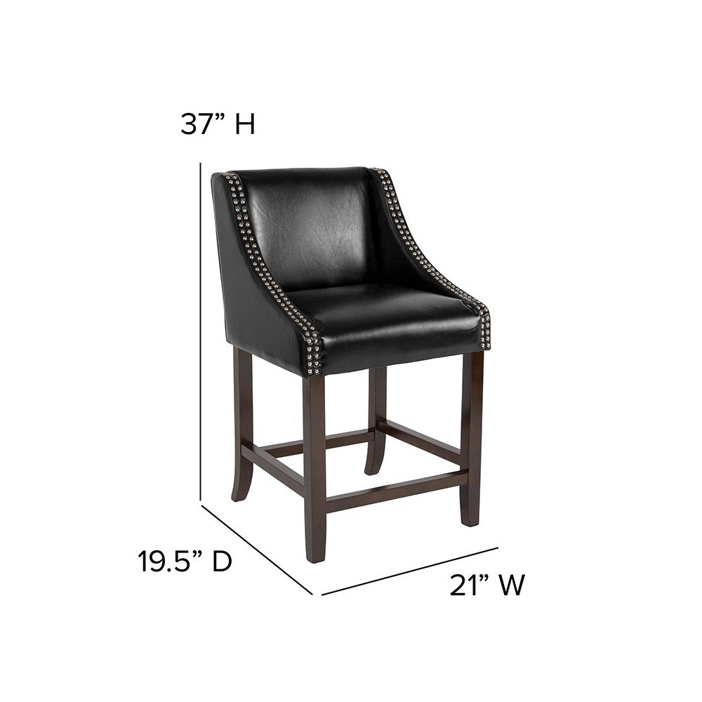 Carmel Series 24" High Transitional Walnut Counter Height Stool with Accent Nail Trim in Black LeatherSoft