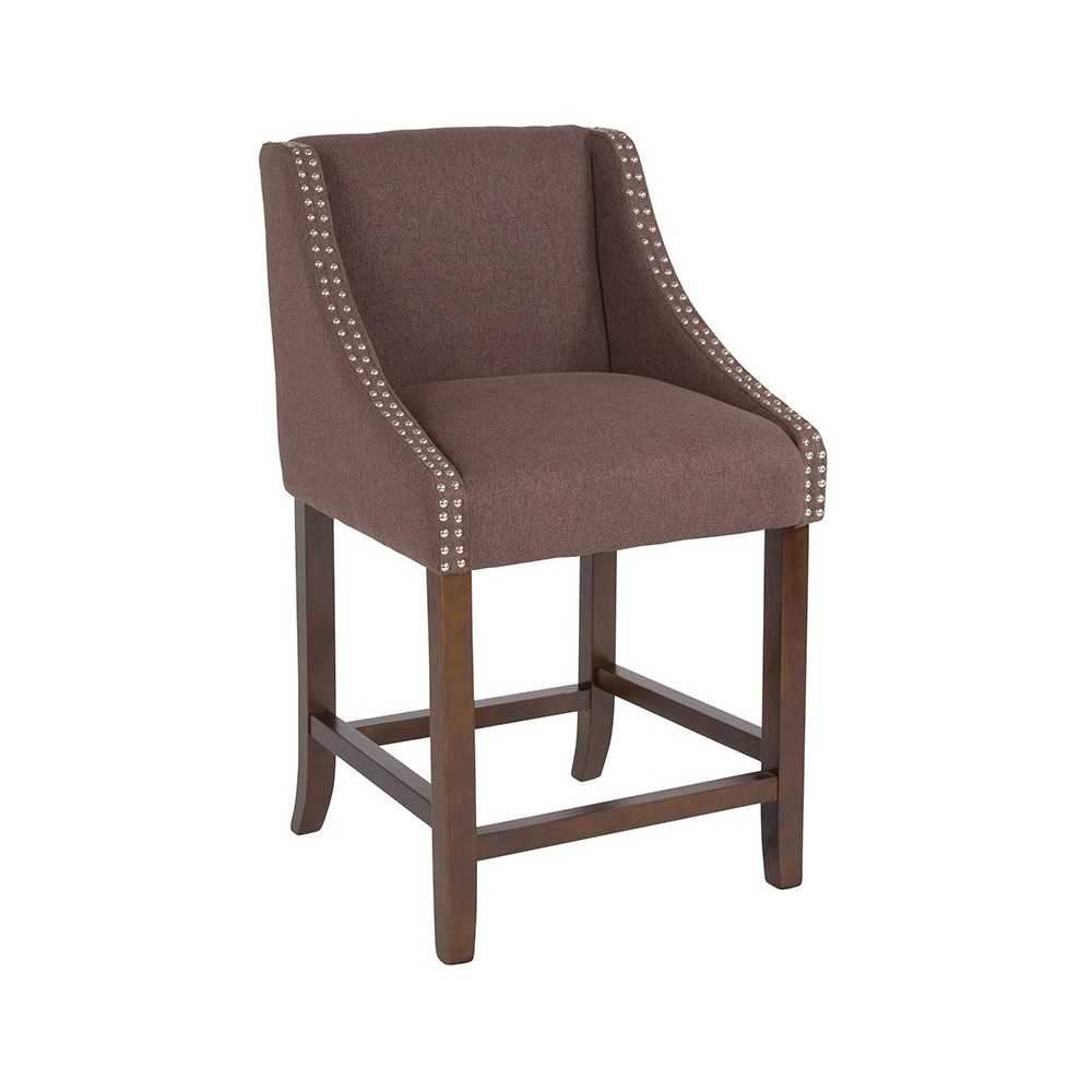 Carmel Series 24" High Transitional Walnut Counter Height Stool with Accent Nail Trim in Brown Fabric