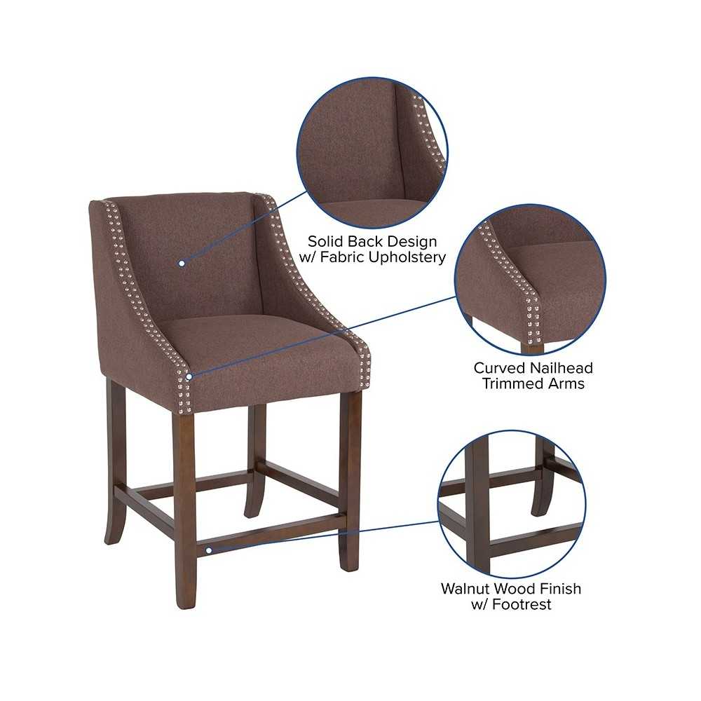 Carmel Series 24" High Transitional Walnut Counter Height Stool with Accent Nail Trim in Brown Fabric