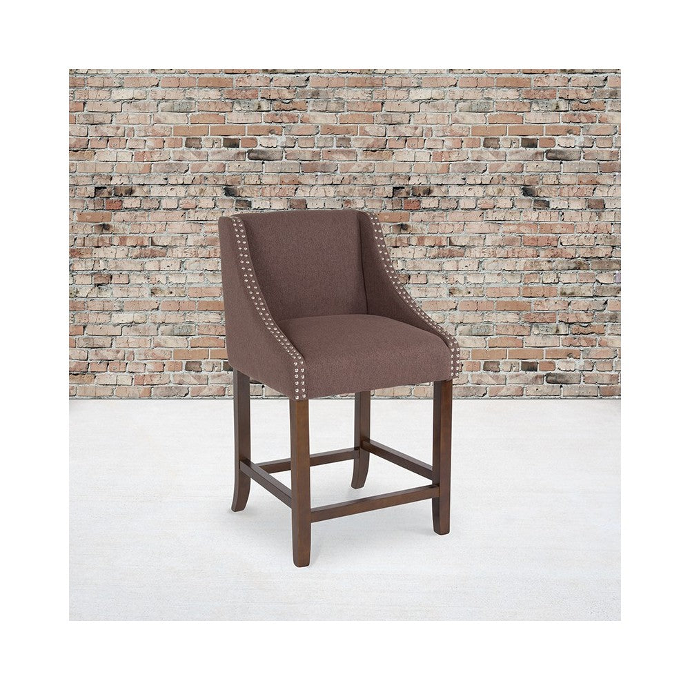 Carmel Series 24" High Transitional Walnut Counter Height Stool with Accent Nail Trim in Brown Fabric