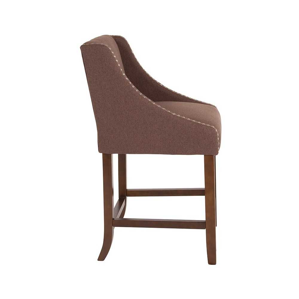 Carmel Series 24" High Transitional Walnut Counter Height Stool with Accent Nail Trim in Brown Fabric