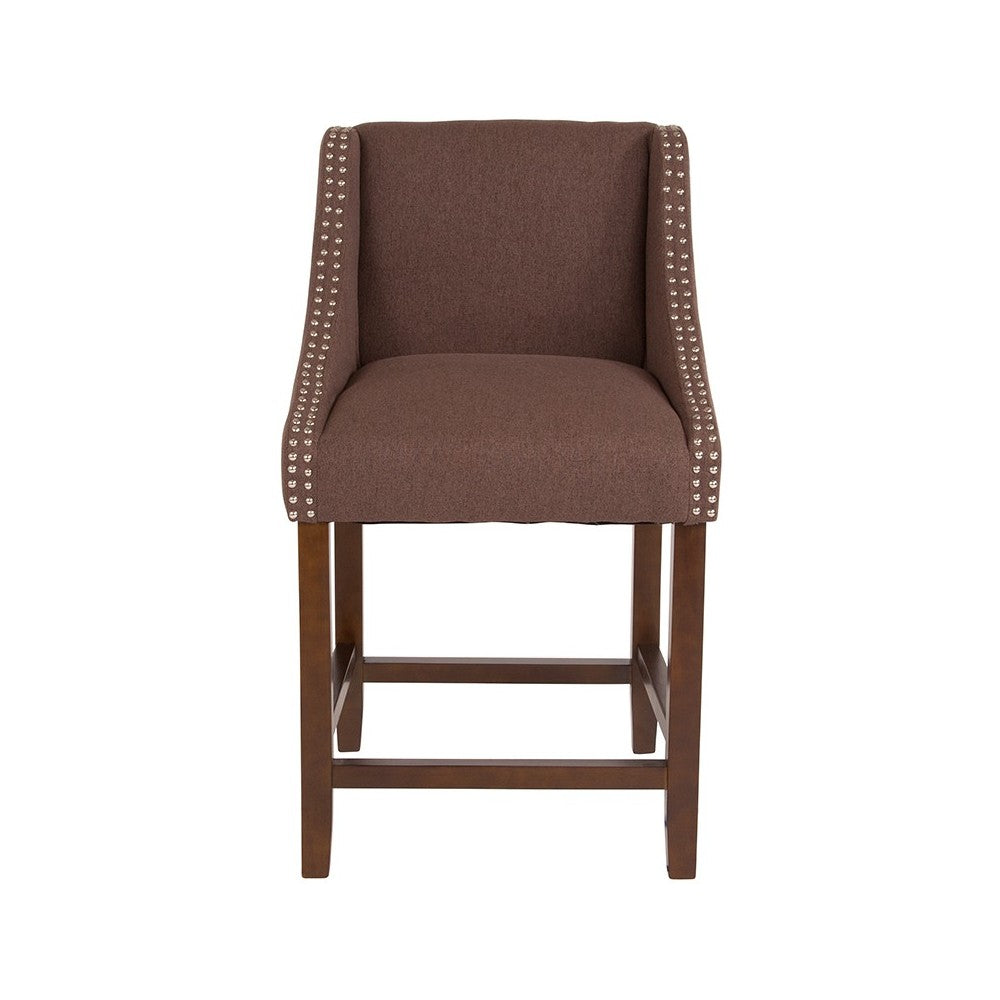 Carmel Series 24" High Transitional Walnut Counter Height Stool with Accent Nail Trim in Brown Fabric