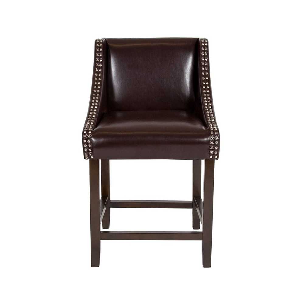 Carmel Series 24" High Transitional Walnut Counter Height Stool with Accent Nail Trim in Brown LeatherSoft