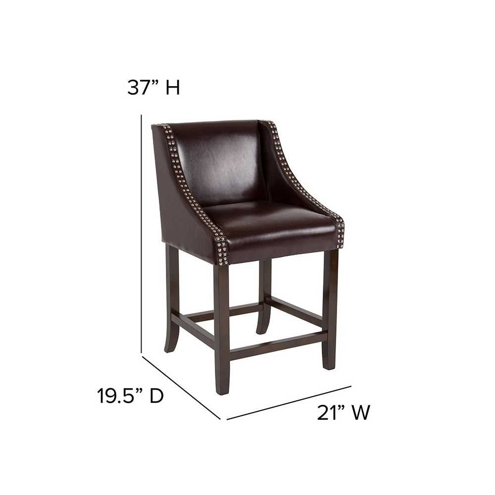 Carmel Series 24" High Transitional Walnut Counter Height Stool with Accent Nail Trim in Brown LeatherSoft