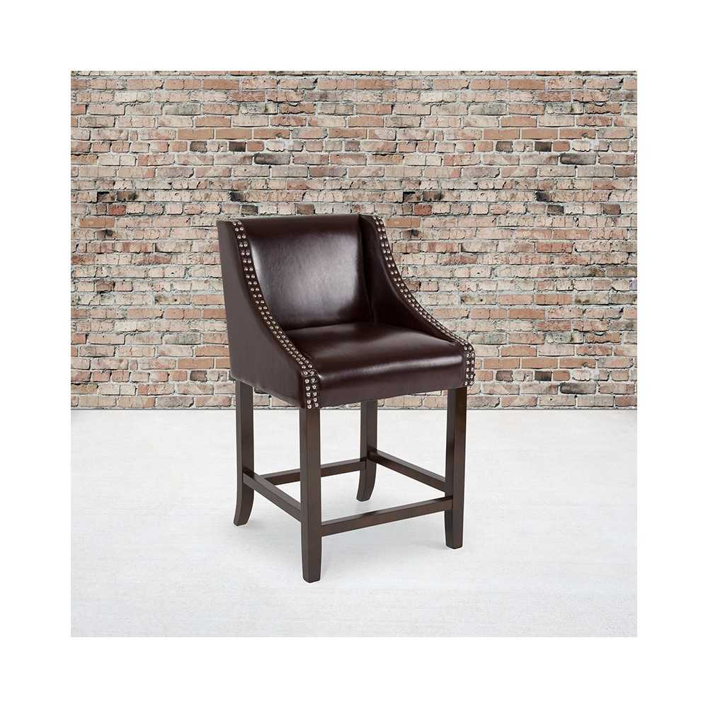 Carmel Series 24" High Transitional Walnut Counter Height Stool with Accent Nail Trim in Brown LeatherSoft