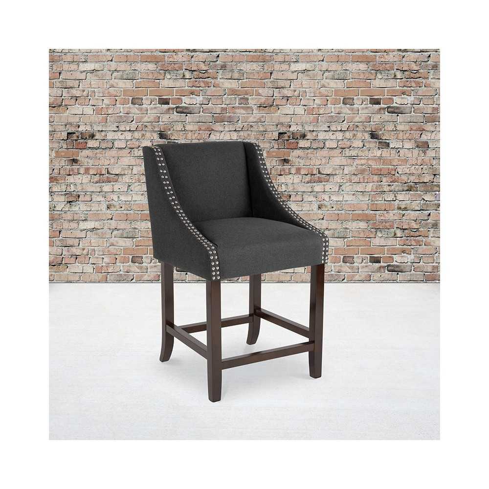 Carmel Series 24" High Transitional Walnut Counter Height Stool with Accent Nail Trim in Charcoal Fabric