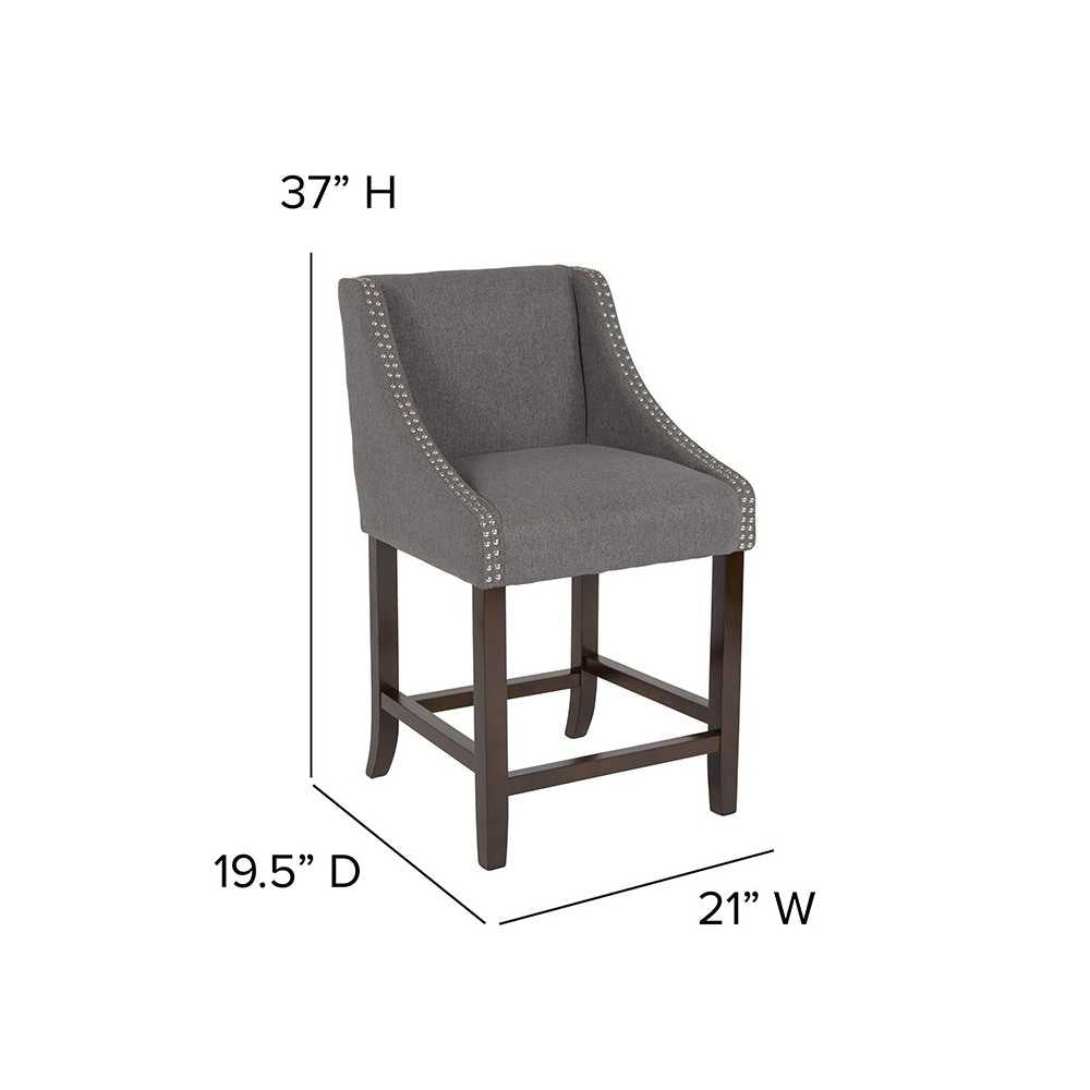 Carmel Series 24" High Transitional Walnut Counter Height Stool with Accent Nail Trim in Dark Gray Fabric