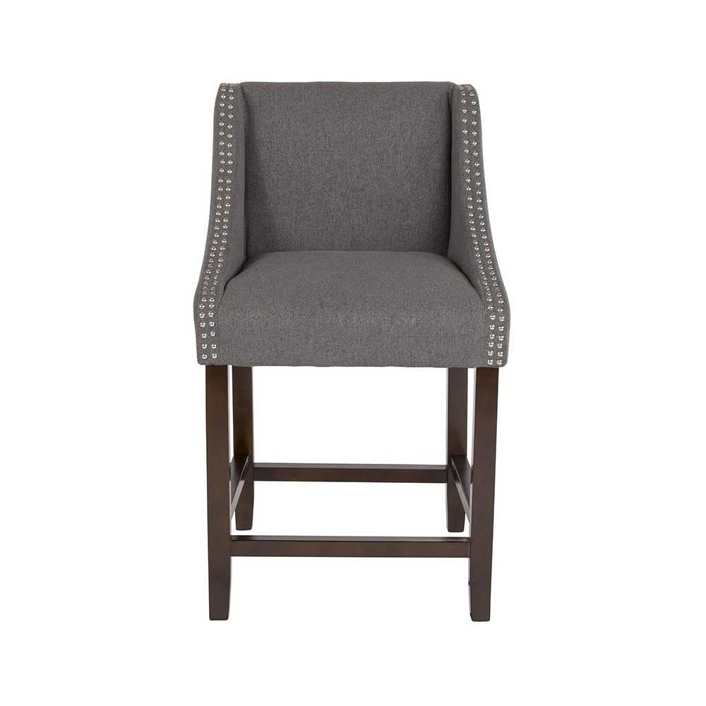 Carmel Series 24" High Transitional Walnut Counter Height Stool with Accent Nail Trim in Dark Gray Fabric