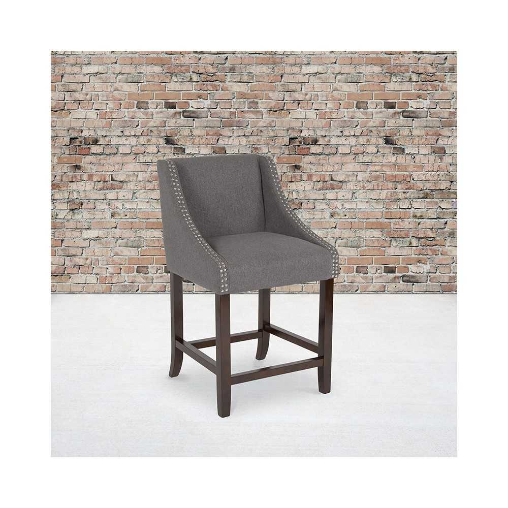 Carmel Series 24" High Transitional Walnut Counter Height Stool with Accent Nail Trim in Dark Gray Fabric