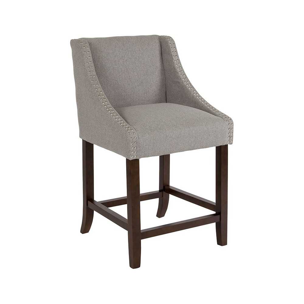 Carmel Series 24" High Transitional Walnut Counter Height Stool with Accent Nail Trim in Light Gray Fabric