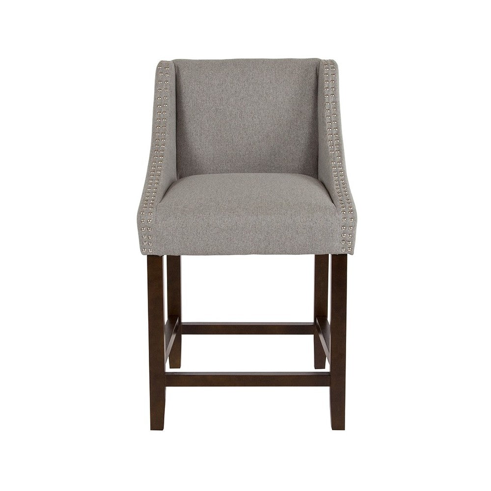 Carmel Series 24" High Transitional Walnut Counter Height Stool with Accent Nail Trim in Light Gray Fabric