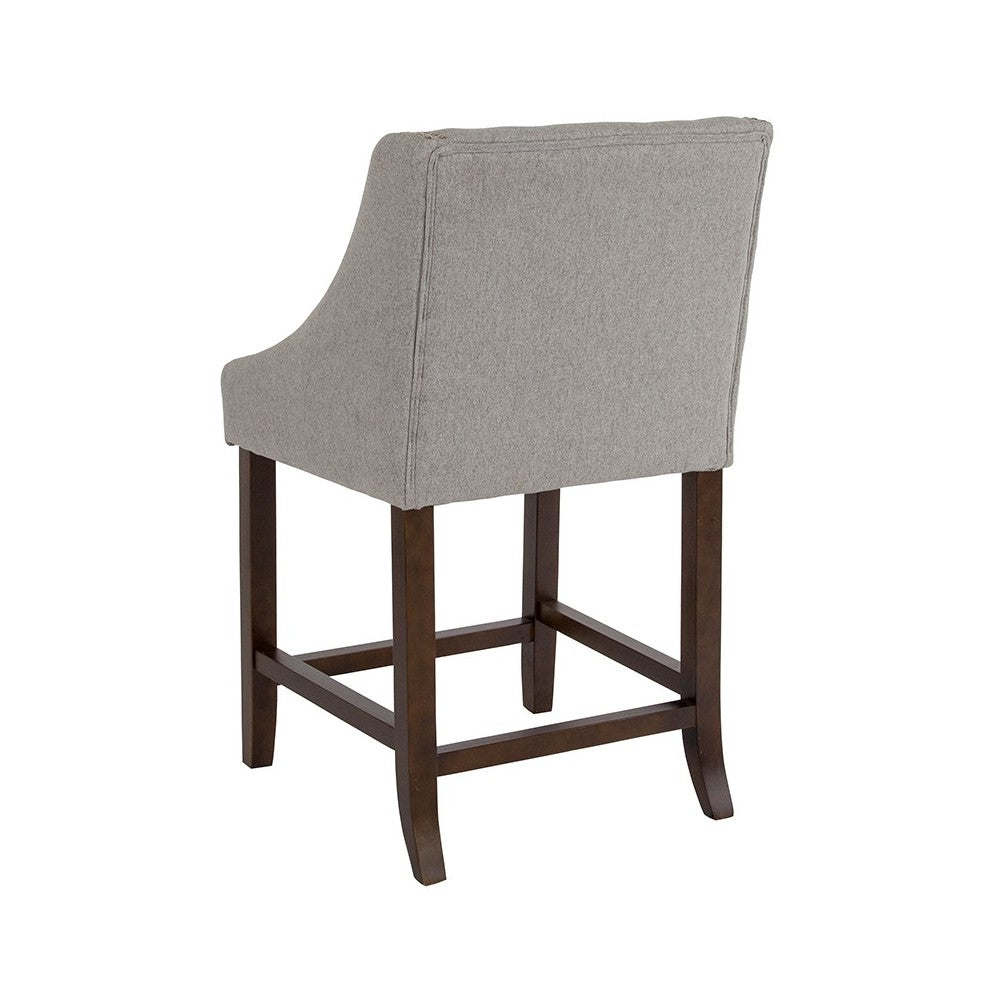 Carmel Series 24" High Transitional Walnut Counter Height Stool with Accent Nail Trim in Light Gray Fabric