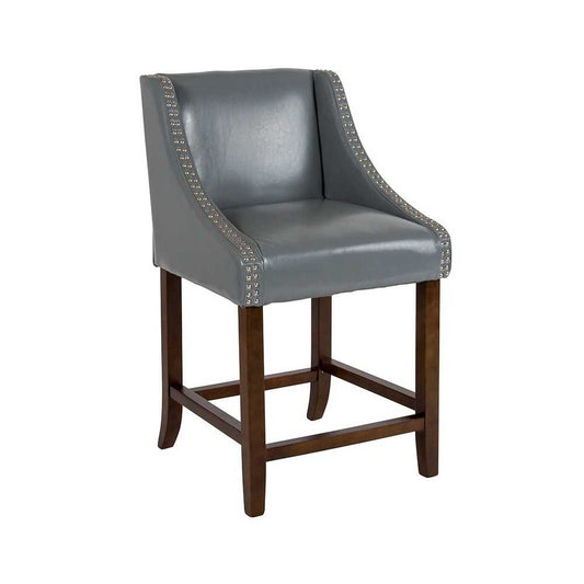 Carmel Series 24" High Transitional Walnut Counter Height Stool with Accent Nail Trim in Light Gray LeatherSoft