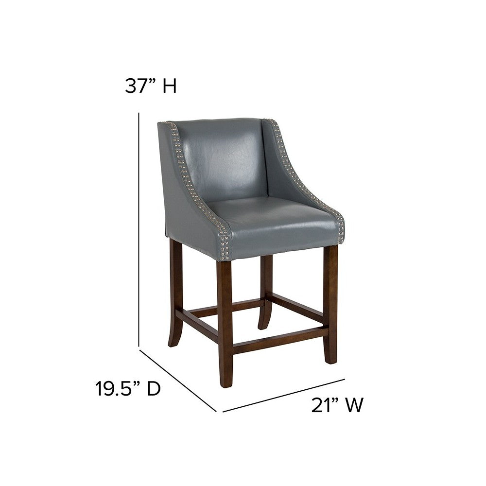 Carmel Series 24" High Transitional Walnut Counter Height Stool with Accent Nail Trim in Light Gray LeatherSoft