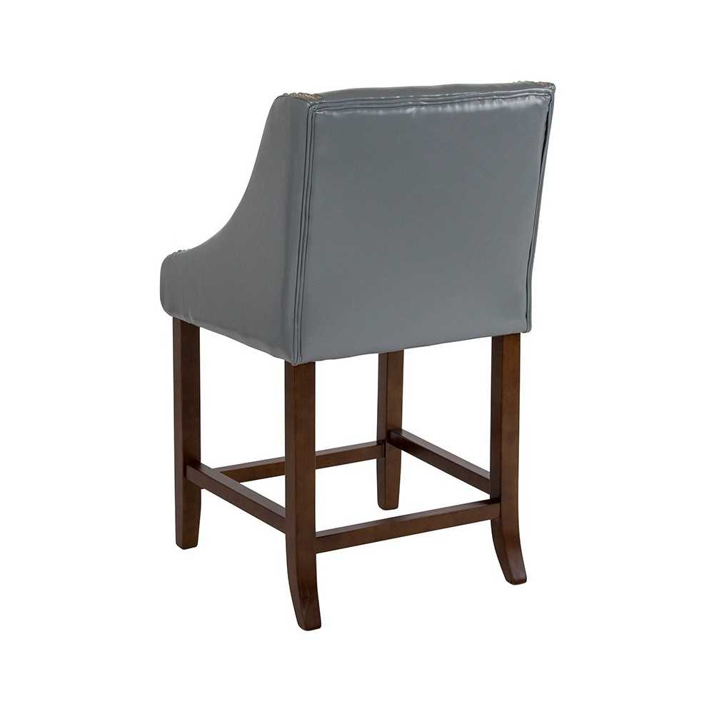 Carmel Series 24" High Transitional Walnut Counter Height Stool with Accent Nail Trim in Light Gray LeatherSoft