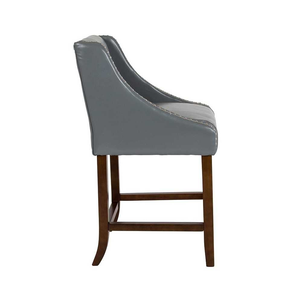 Carmel Series 24" High Transitional Walnut Counter Height Stool with Accent Nail Trim in Light Gray LeatherSoft