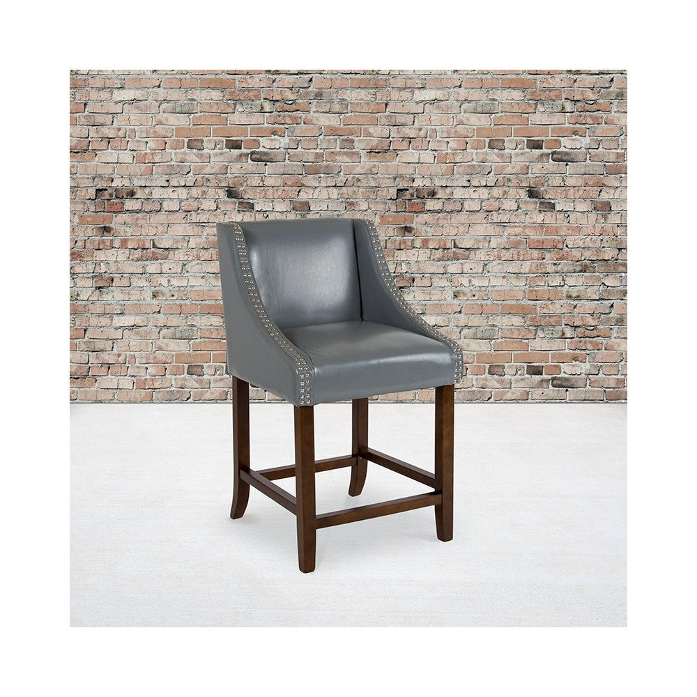 Carmel Series 24" High Transitional Walnut Counter Height Stool with Accent Nail Trim in Light Gray LeatherSoft