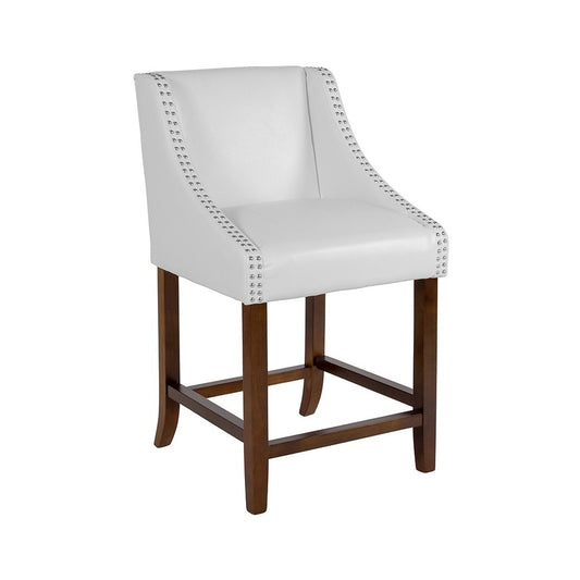 Carmel Series 24" High Transitional Walnut Counter Height Stool with Accent Nail Trim in White LeatherSoft