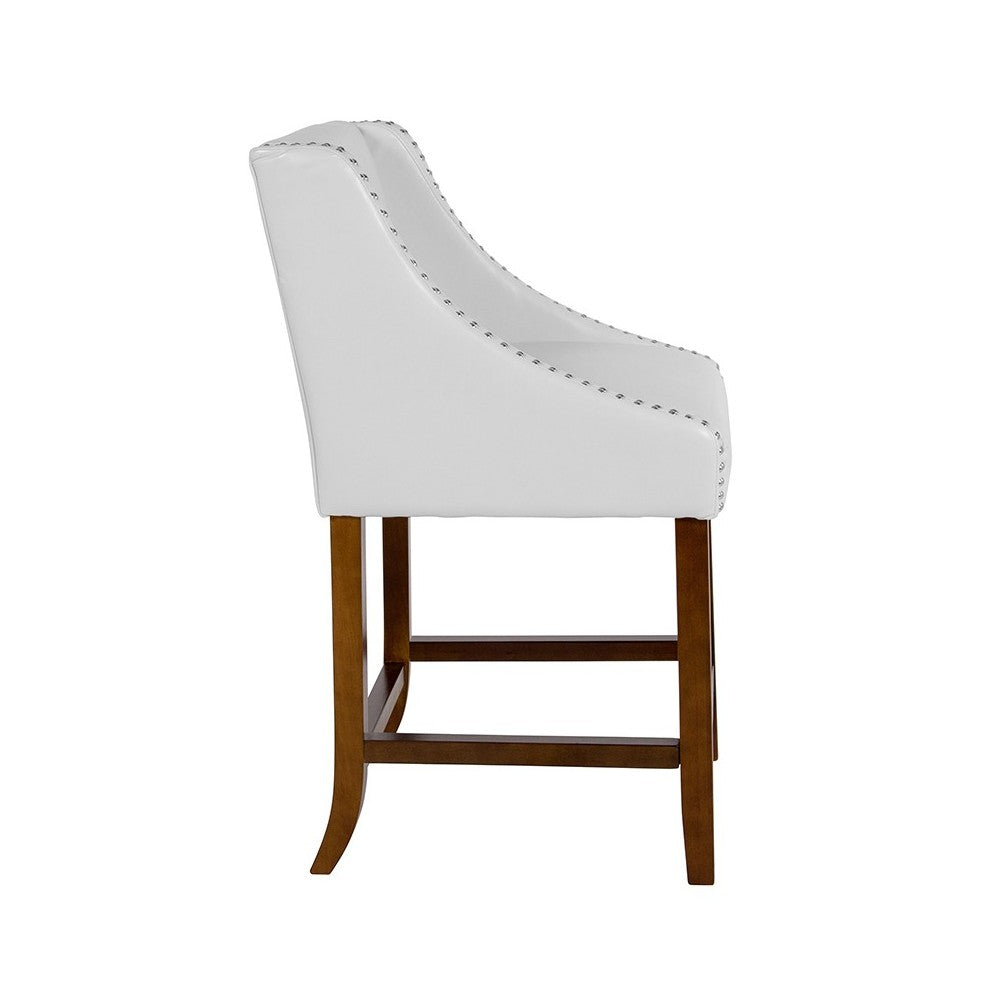 Carmel Series 24" High Transitional Walnut Counter Height Stool with Accent Nail Trim in White LeatherSoft