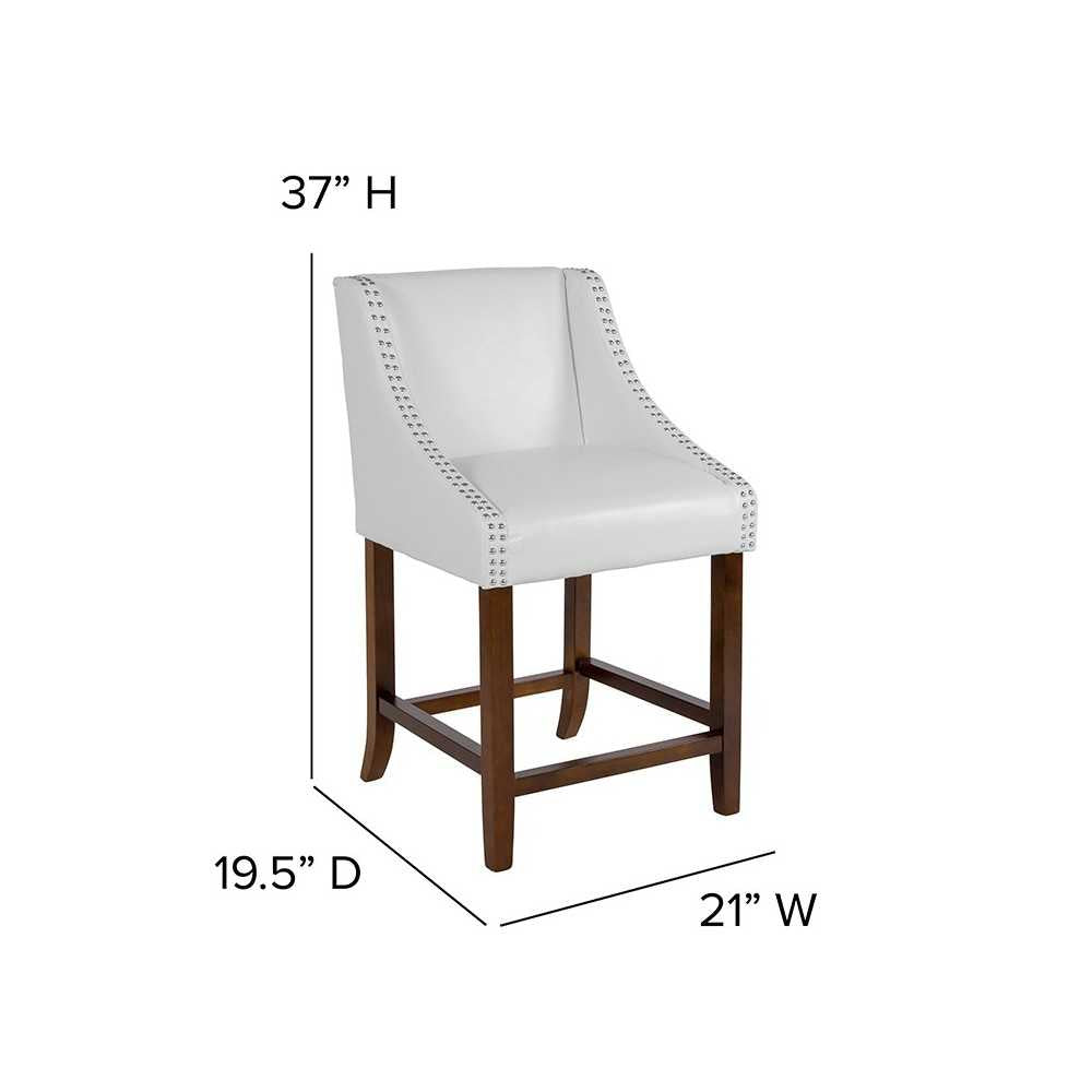 Carmel Series 24" High Transitional Walnut Counter Height Stool with Accent Nail Trim in White LeatherSoft