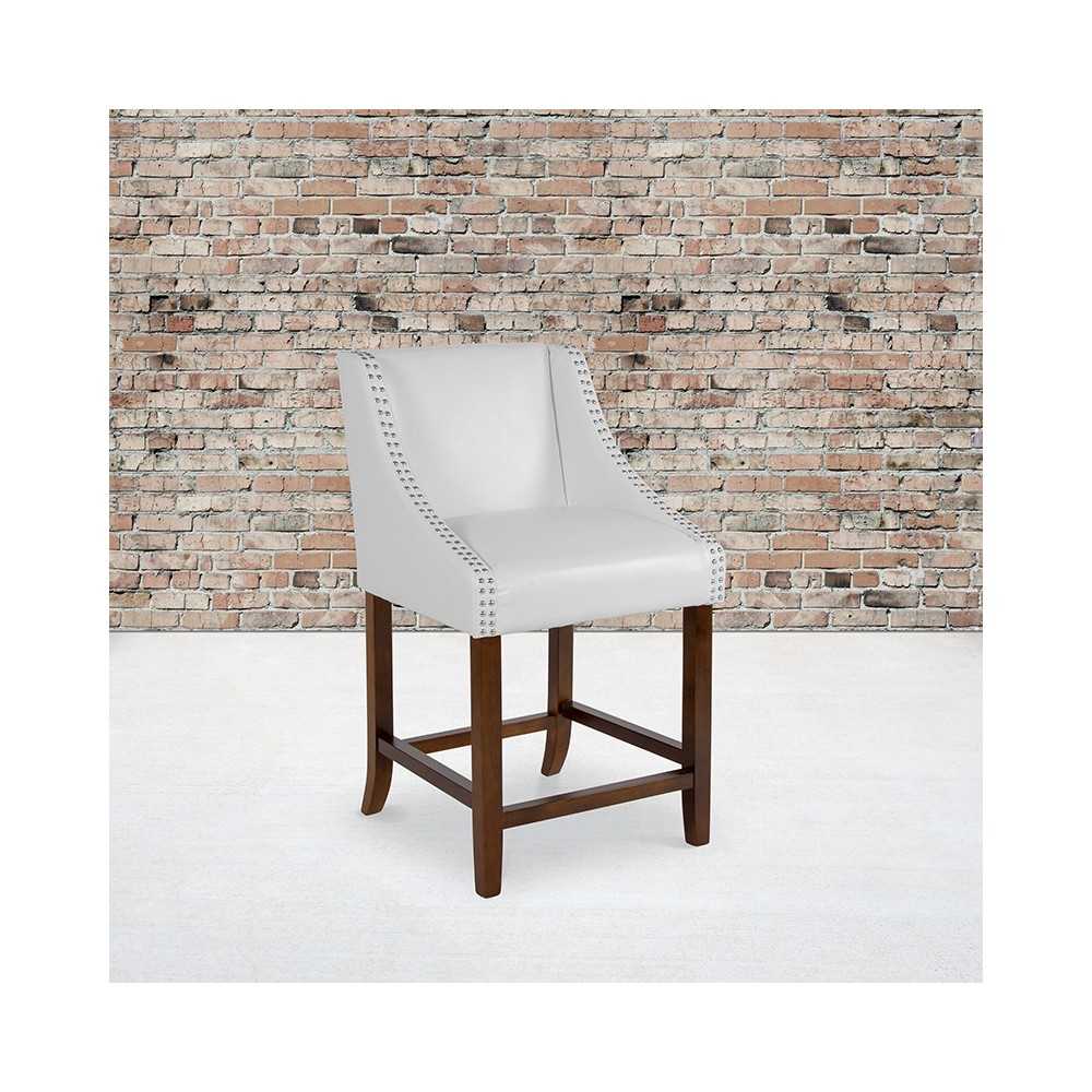 Carmel Series 24" High Transitional Walnut Counter Height Stool with Accent Nail Trim in White LeatherSoft