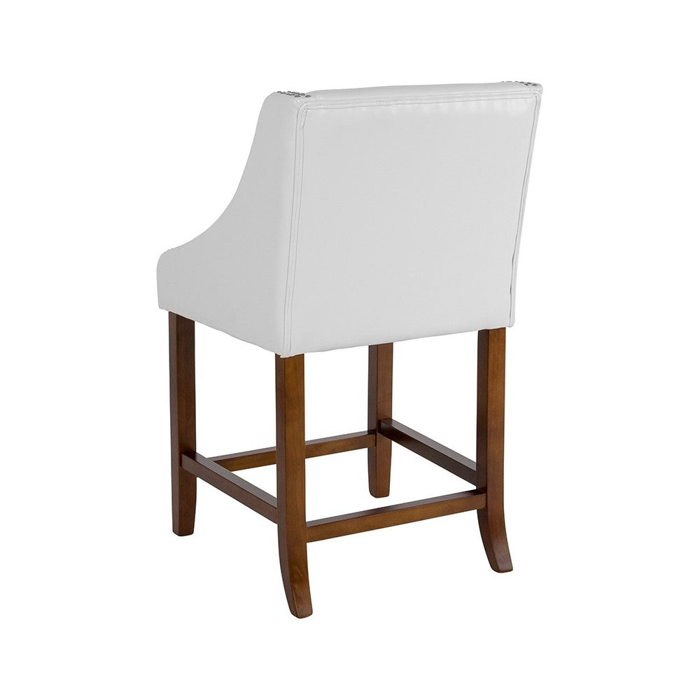 Carmel Series 24" High Transitional Walnut Counter Height Stool with Accent Nail Trim in White LeatherSoft