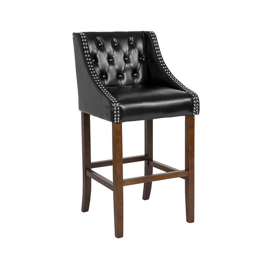 Carmel Series 30" High Transitional Tufted Walnut Barstool with Accent Nail Trim in Black LeatherSoft