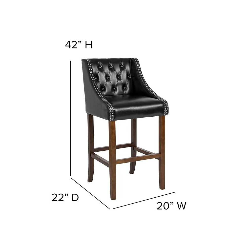 Carmel Series 30" High Transitional Tufted Walnut Barstool with Accent Nail Trim in Black LeatherSoft