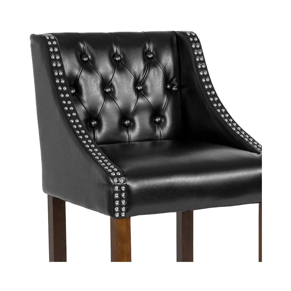 Carmel Series 30" High Transitional Tufted Walnut Barstool with Accent Nail Trim in Black LeatherSoft