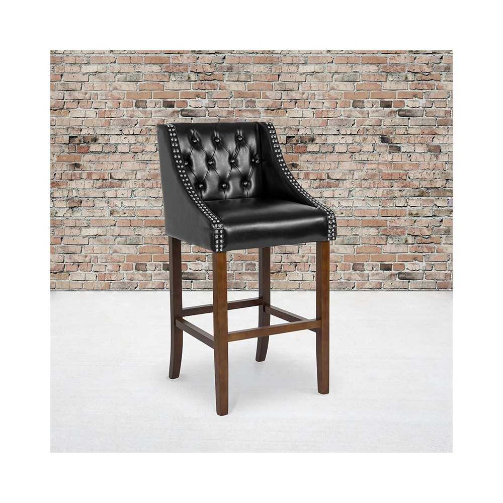 Carmel Series 30" High Transitional Tufted Walnut Barstool with Accent Nail Trim in Black LeatherSoft