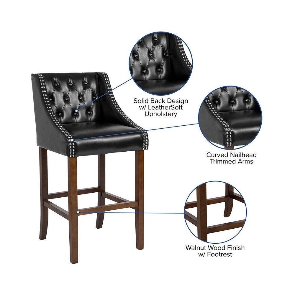 Carmel Series 30" High Transitional Tufted Walnut Barstool with Accent Nail Trim in Black LeatherSoft