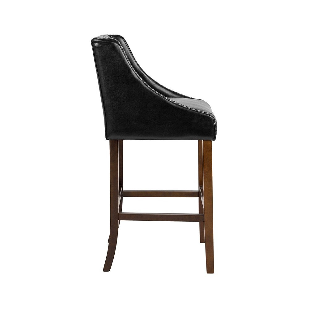 Carmel Series 30" High Transitional Tufted Walnut Barstool with Accent Nail Trim in Black LeatherSoft