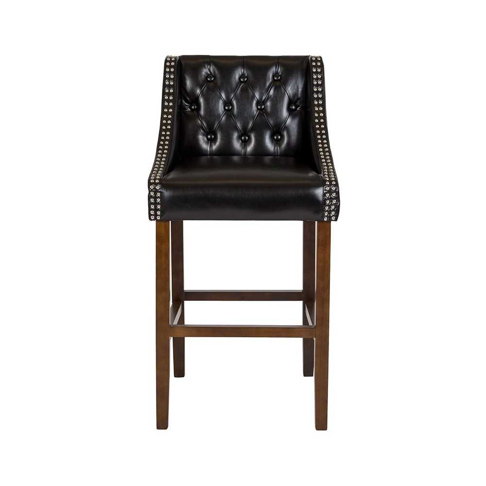 Carmel Series 30" High Transitional Tufted Walnut Barstool with Accent Nail Trim in Black LeatherSoft