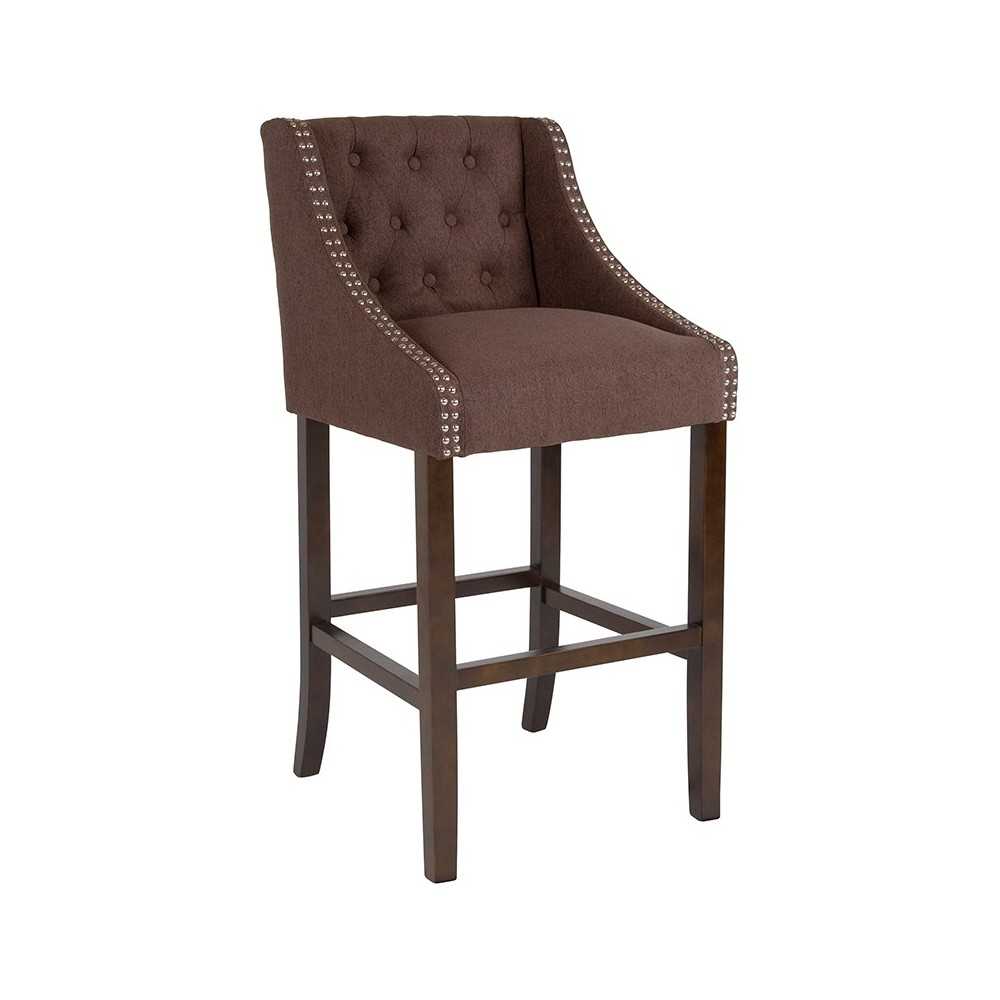 Carmel Series 30" High Transitional Tufted Walnut Barstool with Accent Nail Trim in Brown Fabric