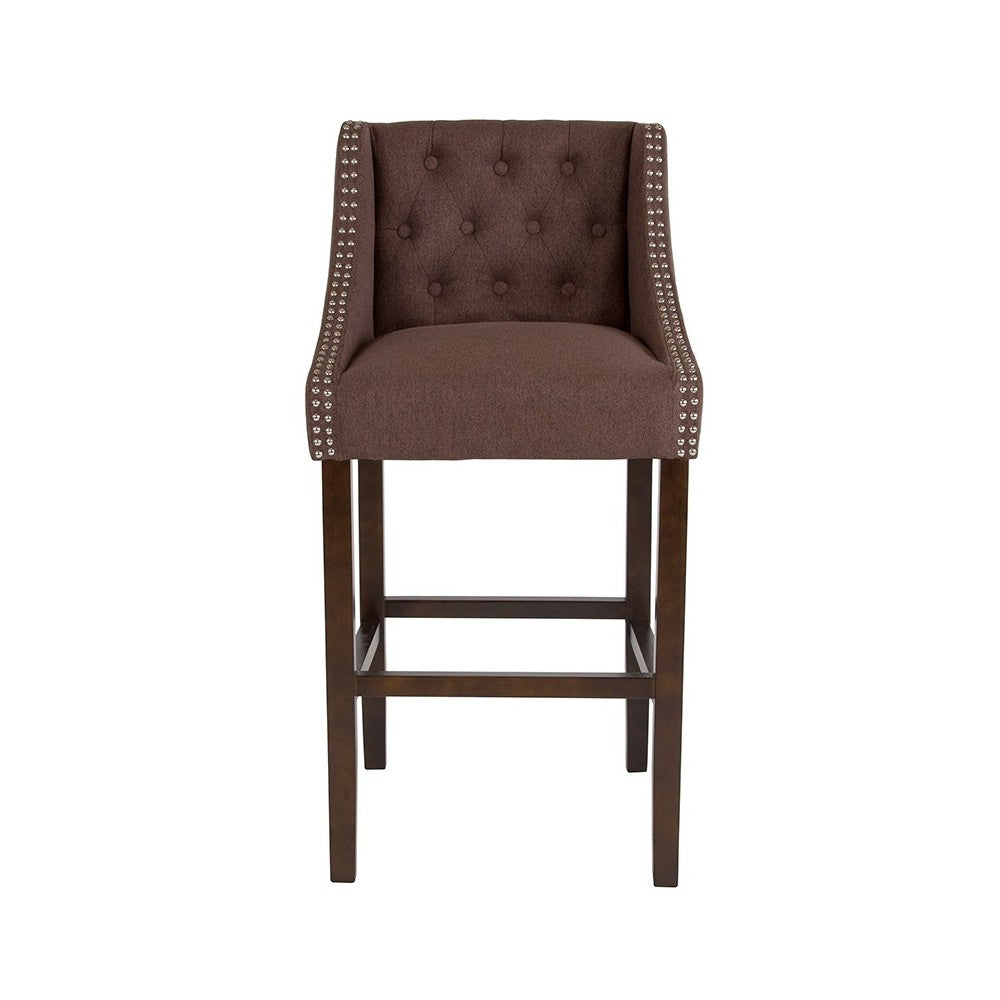 Carmel Series 30" High Transitional Tufted Walnut Barstool with Accent Nail Trim in Brown Fabric