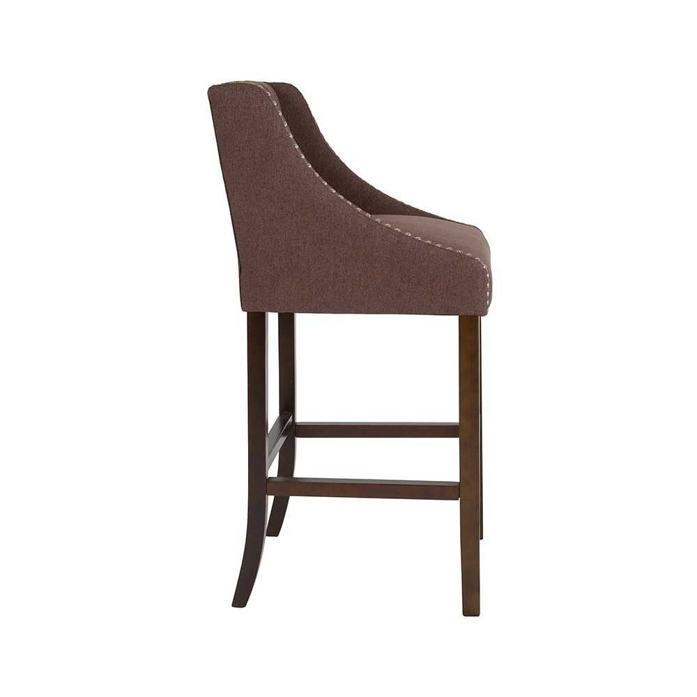 Carmel Series 30" High Transitional Tufted Walnut Barstool with Accent Nail Trim in Brown Fabric