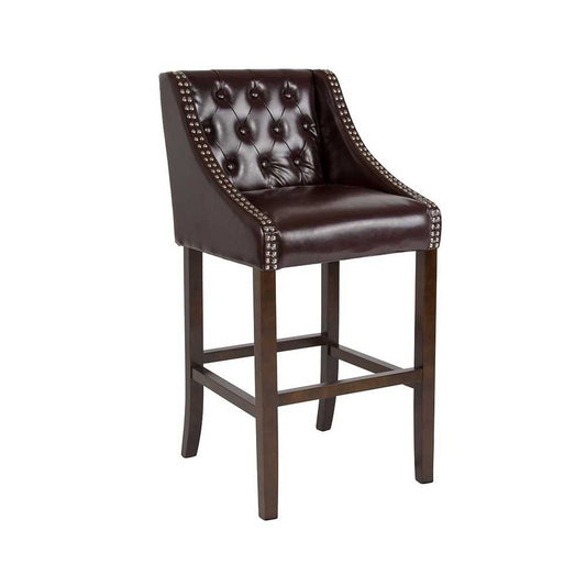 Carmel Series 30" High Transitional Tufted Walnut Barstool with Accent Nail Trim in Brown LeatherSoft