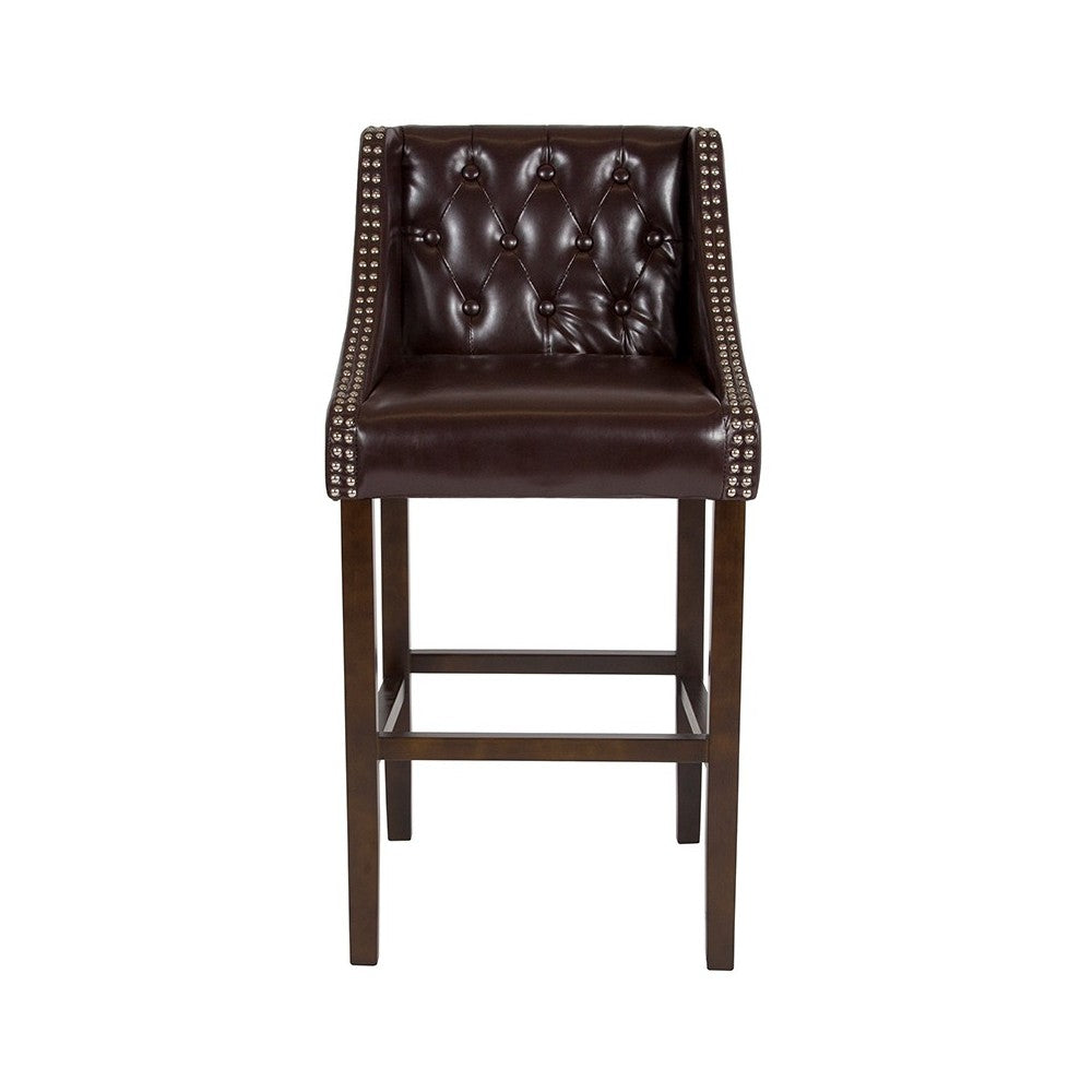 Carmel Series 30" High Transitional Tufted Walnut Barstool with Accent Nail Trim in Brown LeatherSoft